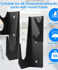 Heavy Duty Floor Jack Wall Mount Organizer Brackets For Stands And Trolleys Garage Tool Hanger And Gear Setup Black Electro Plated Steel With Two Piece Handle Hydraulic Jack Stand Accessories, shown in a garage setting.
