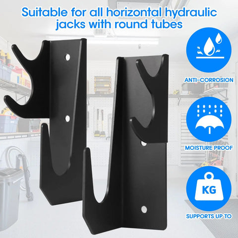 Heavy Duty Floor Jack Wall Mount Organizer Brackets For Stands And Trolleys Garage Tool Hanger And Gear Setup Black Electro Plated Steel With Two Piece Handle Hydraulic Jack Stand Accessories, shown in a garage setting.