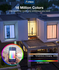 Modern house exterior with LED lights changing colors, showcasing app control for 16 million hues and adjustable temperature.