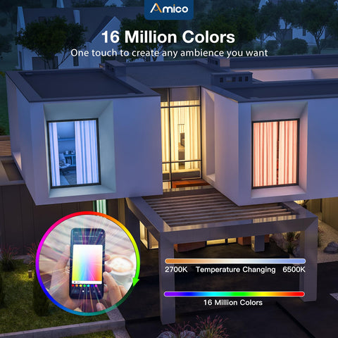 Smartphone controlling 16 million color LED lights in modern home, highlighting temperature range from 2700K to 6500K