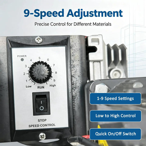 Beast Mode Belt Grinder 2.2Kw 9 Speed Benchtop Polisher showing 9-speed control panel for precise adjustments.