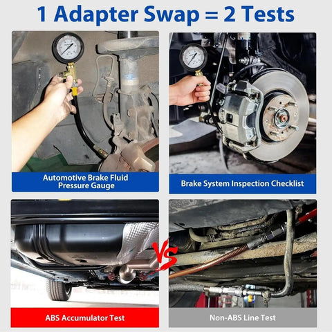 Process of using Brake Pressure Tester Universal Gauge Kit 0 to 3500 PSI ABS Hydraulic Oil Pressure Gauge on gasoline car brakes.