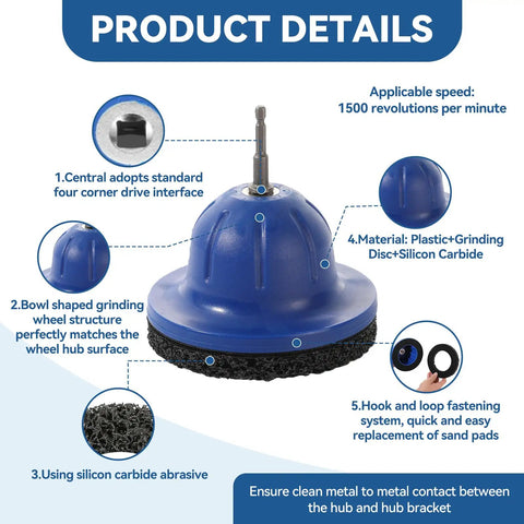 Product details of Six Inch Wheel Hub Resurfacing Kit With Polisher And Drill Adapter showing grinding disc and silicon carbide material.
