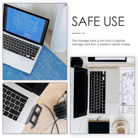 Heavy Duty Laptop Stand And Tablet Mount Under Desk Organizer Rack Black Space Saving Bracket For Home Office Setup shown with laptop and tablet.