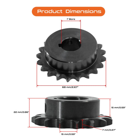 ANSI 40 Roller Chain Sprocket, 15 Tooth, 1 Inch Bore, BHub Carbon Steel Industrial Sprocket with dimensions displayed
