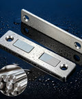 Premium Stainless Steel Magnetic Door Catch With Adhesive Strips And Screws on a wet surface showcasing durability and design.