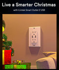 Smart WiFi Outlet With Dual USB Ports And Two Plugs, 15 Amp Tamper Resistant Wall Outlet in living room setting with gifts