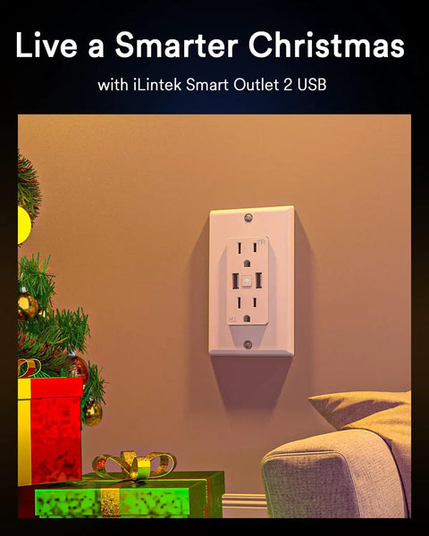 Smart WiFi Outlet With Dual USB Ports And Two Plugs, 15 Amp Tamper Resistant Wall Outlet in living room setting with gifts