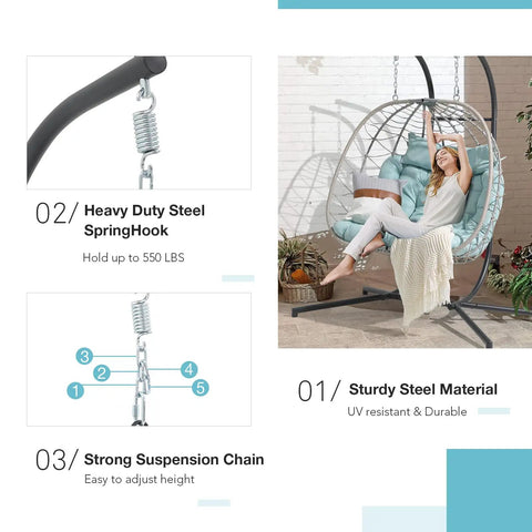 Two Person Egg Swing Chair With Stand For Indoor And Outdoor Patio Wicker Rattan Hanging Chair With Cushion And Pillow