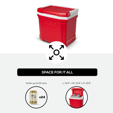 Profile II 16 Quart Red Cooler With Fold Flat Bail Handle, Cool Riser Technology For Superior Cooling, shown closed