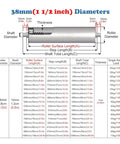 Stainless Steel Conveyor Roller Replacement Part For Woodworking And Industrial Dock Lines, 38mm dia, 12mm shaft, dimensions chart