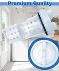 Washer Drain Pump Filter WH11X34741 Direct Replacement displayed in laundry room background