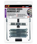 Steering Wheel Remover Kit With SAE And Metric Bolts For 4 Inch Hubs And Late Model Puller Legs Heavy Duty Auto Tool in packaging