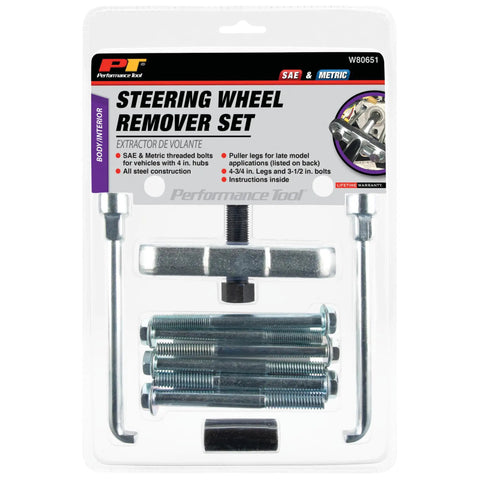 Steering Wheel Remover Kit With SAE And Metric Bolts For 4 Inch Hubs And Late Model Puller Legs Heavy Duty Auto Tool in packaging