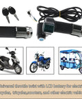 Pair Of Universal Electric Bike Throttle Grips With Key Full Twist Handlebar With LCD Battery Voltage Display 12V To 84V Compatible Throttle For E Bike Scooter Motorcycle, shown with keys and wire