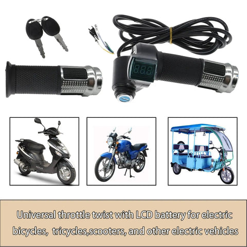 Pair Of Universal Electric Bike Throttle Grips With Key Full Twist Handlebar With LCD Battery Voltage Display 12V To 84V Compatible Throttle For E Bike Scooter Motorcycle, shown with keys and wire