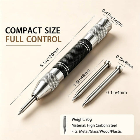 Kickass Five Inch Automatic Center Punch With Heavy Duty Rustproof Steel Body Adjustable Spring Tension And Two Extra Bits For Hella Precise Marking On Iron Or Wood In Your Project, showing size and included bits.