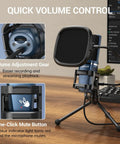 USB Podcast Microphone With Cardioid Condenser Pickup, Tripod Stand and Pop Filter on desk with volume and mute controls