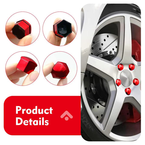 20 Piece 21mm Lug Nut Covers Set With Hexagonal Caps And EZ Removal Tool Red Premium PP Plastic Weatherproof Wheel Nut Covers Universal Fit For Most Cars Exterior Accessories displayed on car wheel and in hand