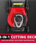 21 Inch Self Propelled Gas Lawn Mower With 140cc Briggs And Stratton Engine, 3 In 1 Mulch Bag Side Discharge, Six Cutting Heights, Durable Steel Deck, Rear Wheel Drive, ReadyStart For Easy Starts. Top view of red steel deck mower