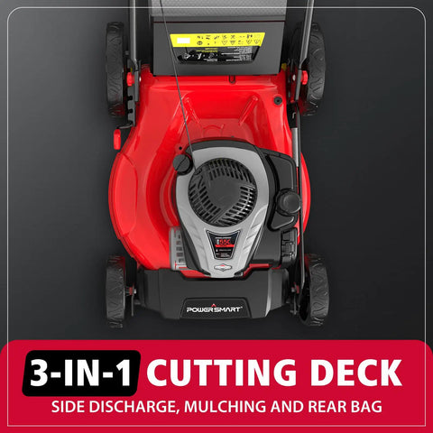 21 Inch Self Propelled Gas Lawn Mower With 140cc Briggs And Stratton Engine, 3 In 1 Mulch Bag Side Discharge, Six Cutting Heights, Durable Steel Deck, Rear Wheel Drive, ReadyStart For Easy Starts. Top view of red steel deck mower