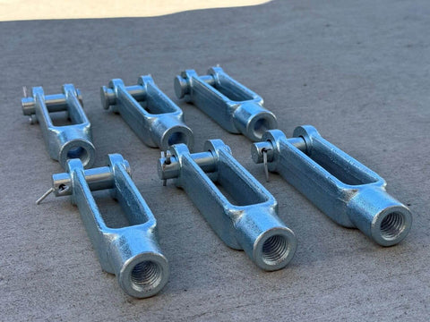 Beefy 5/8-18 Adjustable Yoke End With Galvanized Threaded Clevis, Pins Included, Built For Heavy Duty Lifting And Rigging, Corrosion Resistant Hot Dip Galvanized Steel