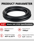 Half Inch Transmission Cooler Hose, 20 Feet Long, SAE J1532 Rated, 250 PSI coiled with specifications displayed