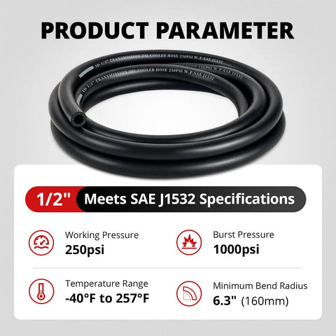 Half Inch Transmission Cooler Hose, 20 Feet Long, SAE J1532 Rated, 250 PSI coiled with specifications displayed