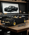 Classic Supercar Building Set With 1557 Pieces displayed on a wooden table, showing dimensions and black sport car build.