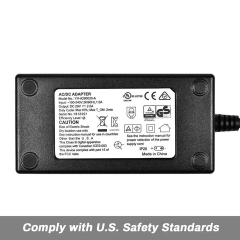 Recliner Power Supply Adapter 29V 2A DC Transformer With Easy Plug And Play Setup For OKIN Limoss Lazboy Pride And More 100-240V AC Input Auto Volt Current Adjust 29V And 24V DC Output Replacement Part For Home Comfort, black rectangular unit label view