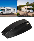 Premium ABS Camper Door Catch Square Design, black ABS plastic latch for RVs, secures baggage compartments wide open