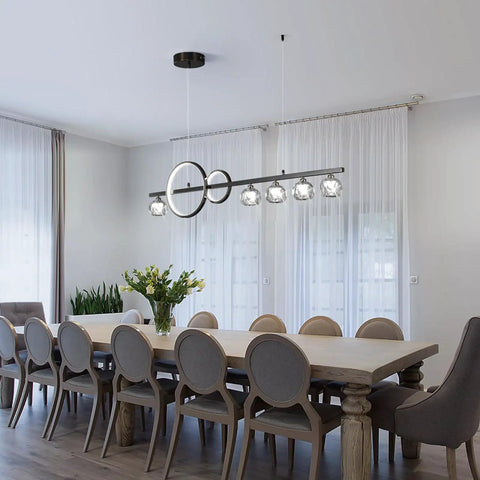 Lit Modern LED Chandelier With Remote 40W Black Five Light Linear Pendant Lighting With Crystal Lampshade in dining room