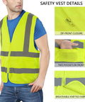 Top Shelf High Visibility Reflective Safety Vest, Fluorescent Neon Yellow, Heavy Duty Construction Work Gear With Roomy Pocket, Super Breathable Unisex Vest For Crews And Surveyors Daily worn by a man, showing zip-front closure and front pockets.