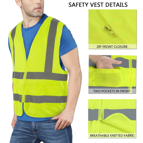Top Shelf High Visibility Reflective Safety Vest, Fluorescent Neon Yellow, Heavy Duty Construction Work Gear With Roomy Pocket, Super Breathable Unisex Vest For Crews And Surveyors Daily worn by a man, showing zip-front closure and front pockets.