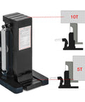 Badass Build Heavy Duty Air Hydraulic Toe Jack Lift Machine With Heat Treated Steel showing 10T and 5T lift capabilities with quick retraction spring.