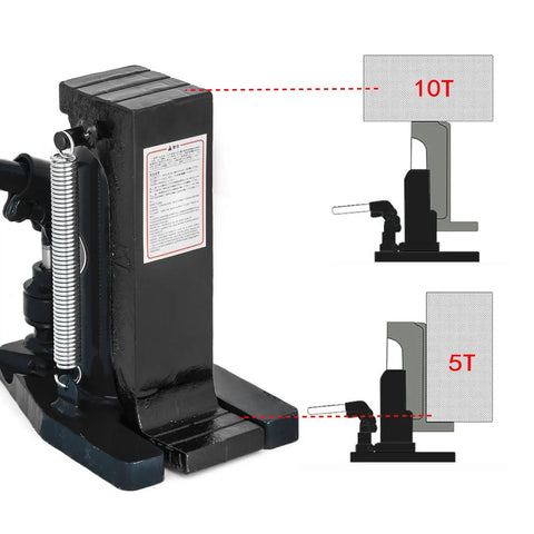 Badass Build Heavy Duty Air Hydraulic Toe Jack Lift Machine With Heat Treated Steel showing 10T and 5T lift capabilities with quick retraction spring.