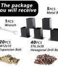 Package contents showing 5 Railing Post Base 4x4 Real Size 3.5x3.5 with tools and bolts, black, for sturdy support.