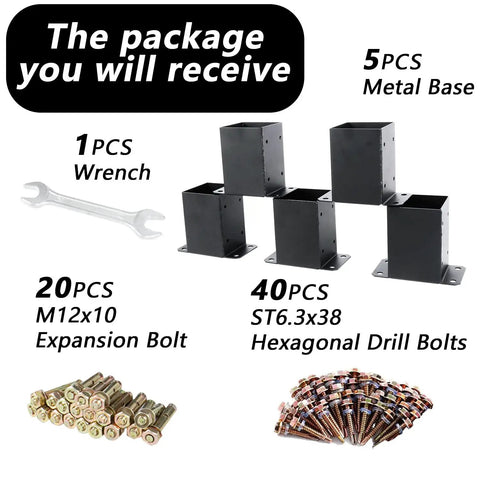 Package contents showing 5 Railing Post Base 4x4 Real Size 3.5x3.5 with tools and bolts, black, for sturdy support.