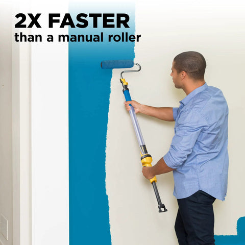 Man using EZ Roller With Long Reach Handle Holds 22 Oz In The Handle Inner Fed Paint Roller Cuts Mess And Paints Interior Walls And Ceilings 2x Faster