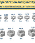 SAE Hex Nuts Assortment Kit 150 Piece Stainless Steel 304 Hardware Nuts Set With Ten Sizes From 4-40 To 1/2-13 diagram