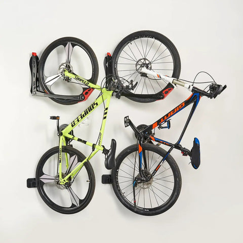 Swivel Bike Rack Set No Lift Wall Mounted Storage For Home And Garage Two Pack With Self Adjusting Receiver holding two bikes