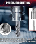 Heavy Duty Annular Cutter Kit With Magnetic Drill Press Bits And Three Quarter Inch Weldon Shank For Smooth Knockout Drilling On Steel And Aluminum Up To One Inch Thick Pilot Pin and hex wrench included, showing precision cutting drill bit.