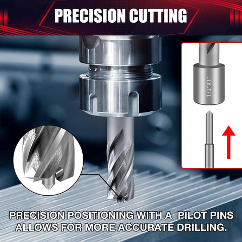 Heavy Duty Annular Cutter Kit With Magnetic Drill Press Bits And Three Quarter Inch Weldon Shank For Smooth Knockout Drilling On Steel And Aluminum Up To One Inch Thick Pilot Pin and hex wrench included, showing precision cutting drill bit.