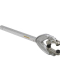 Beefy Heavy Duty Transom Saver Adjustable From 24 To 36 Inches With Roller Head And Trailer Mounts, side view of metal support
