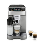 Silver Automatic Espresso Machine With Built In Milk Frother And One Touch Brewing System For Killer Shots And Creamy Lattes And Fresh Iced Coffee Top Shelf Sips No Fuss with frothing pitcher and espresso shots.