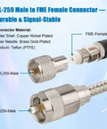 Street Ready Ultra Low Loss RG8X 10ft Coax Cable connectors with FME Female to UHF PL259 Male adapters showing material details.