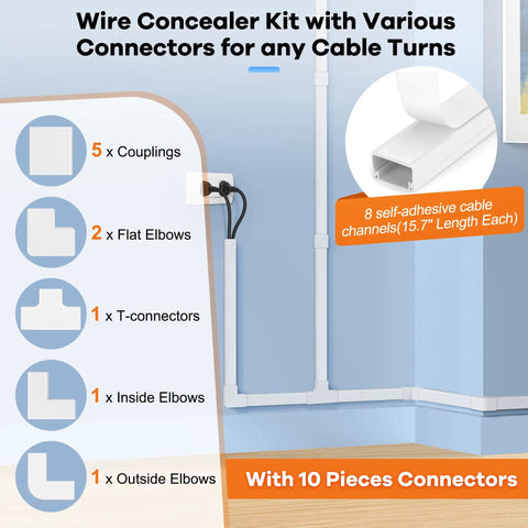 Paintable Wall Cable Management Kit For TV Mounts 126 Inch Cord Hider with connectors and cable path diagram.