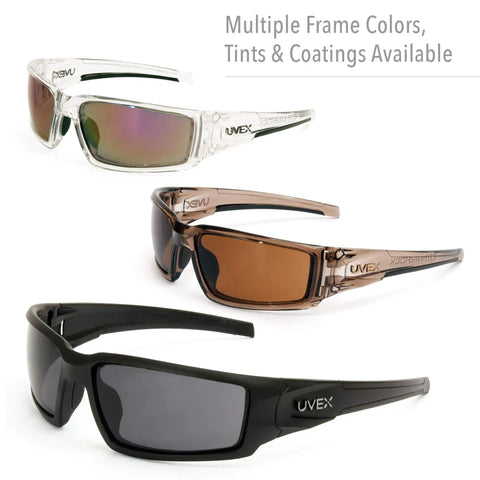 Three UVEX safety glasses in different frame colors and coatings, including Work Ready Safety Glasses With Black Frame And SCT Reflect 50 Lens Anti Scratch Hardcoat And Anti Fog Coating For Clear Vision In Sun Or Low Light Tasks A Great All Day Eye Protection Choice Model S2943 displayed at bottom.