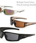 Three designs of safety eyewear showcasing different frame colors and lens tints, suitable for various environments.