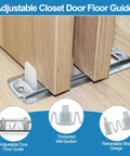 Sliding Closet Door Roller Kit With Floor Guide For Top Hung Wardrobe Doors Replacement Hardware Includes Track And Adjustable Guides Fits Three Quarters Of An Inch To One And Three Eighths Inches Doors close-up view of floor guide installed.